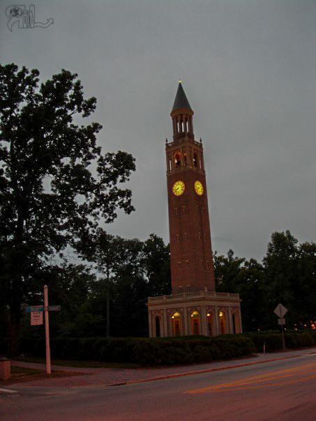 Bell tower at night on UNC Campus.